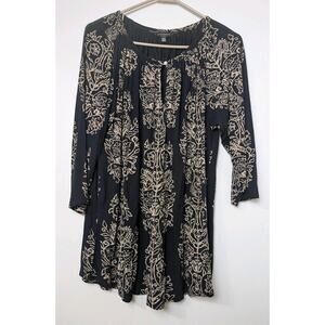 Lucky Brand Tunic Top Sz 1X Black Paisley Boho 3/4 Sleeve Cottage Peasant